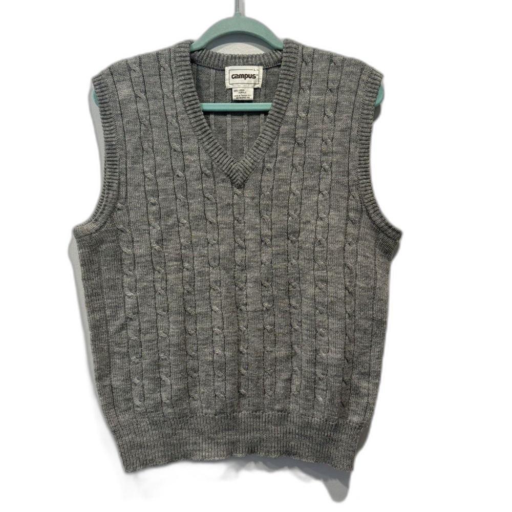 Vintage Cable Knit Sweater Vest Gray V Neck Campus Heritage Preppy Mens sz Large